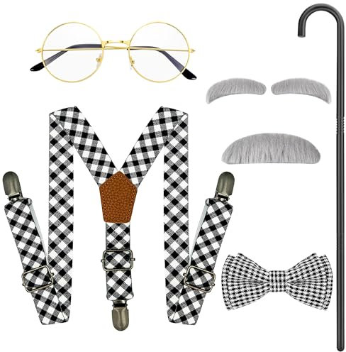 Horolam Alter Mann Kostüm Zubehör, Opa Kostüm Zubehör Set mit falschem Bart Augenbraue Gehstock Brille Hosenträger für Kinder Jungen für 100. Tag der Schule Dress Up (Schwarz)