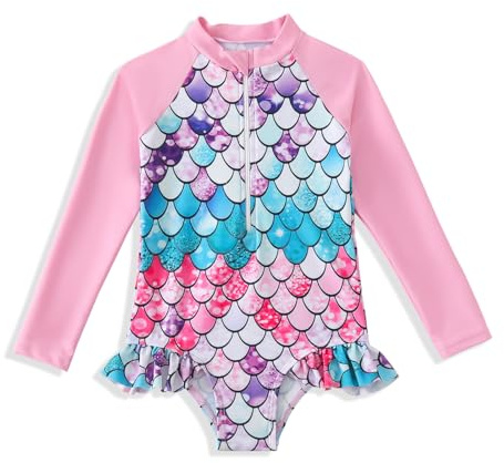 HPSOM Girls Swimsuit Kids Long Sleeve One Piece Swimwear Zipper Bathing Suit UV Protection Toddler Girl Rash Guard Swimming 3-10Y