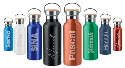 Trinkflasche mit Bambus Deckel inkl. Wunschgravur, personalisierte Thermosflasche aus Edelstahl (Rot)
