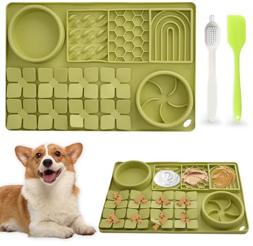 OT-NVWOZR Leckmatte Hund mit Saugnapf, Silikon Schleckmattefür Katzen mit Silikonspatel Bürste, 6 Bereiche Futtermatte Slow Feeder Große Baden Lick Pad Fellpflege Krallenpflege