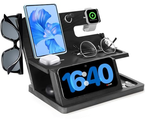 Gifts for Men 3-in-1 Charging Stand iPhone 16 Wireless Charger Station, Nightstand Organizer Wood, Fathers Day Perfect for Dad Husband Boyfriend Son, for iPhone 16/15/14/13/12 and Pro, AirPods, Watch