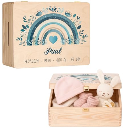 Maverton Erinnerungsbox Baby mit Namen, Aufbewahrungsbox mit Deckel | Personalisierte Geschenke Baby, Geschenk für Mädchen und Jungen zur Geburt zur Taufe, aus Kiefernholz
