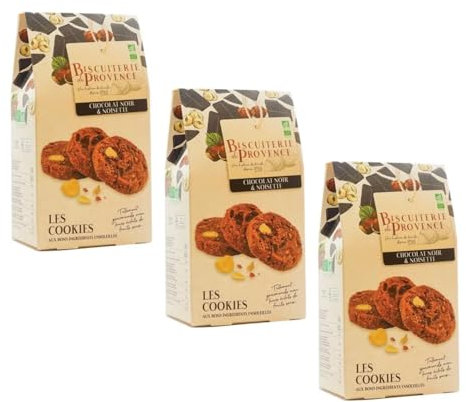Biscuiterie de Provence | Biscuits Bio Chocolat Noir et Noisettes - 3 x 120 Gr | Trousse Biscuits Français au Chocolat Noir, Amandes et Noisettes
