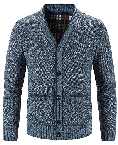 Floral Jacket Man Men Casual Solid Button Down Long Sleeve Pocket Warm Cardigan Lightweight Knit Jacket Coat for Work at Home Bathrobe Dressing Gown Man Fleece, Blue, XXL