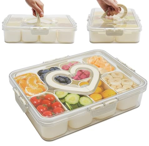 KQDRAVINE Snackbox mit Fächern Groß, Snackbox mit 8 Fächern,Snackteller mit Deckel und Griff,Wiederverwendbar Picknick Box mit Fächern,Snackboxen für Snacks Süßigkeiten Nüsse Obst für Picknick Trips