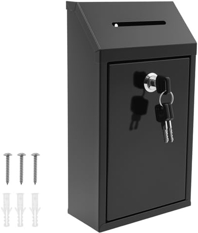 Metal Lockable Suggestion Box, Money Cash Tin, Donation Box Wall Mount, Comment Boxes with Slot, Mounting Fittings Lock and Key 14.3 x 7 x 26cm Ballot Mail Boxes for Home Office Outdoor