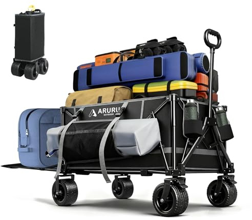 ARURU XXL Bollerwagen Faltbar, Extra Großer Stauraum, Hohe Tragkraft, mit Heckklappe & Becherhalter, Strandwagen All-Terrain für Camping & Einkaufen