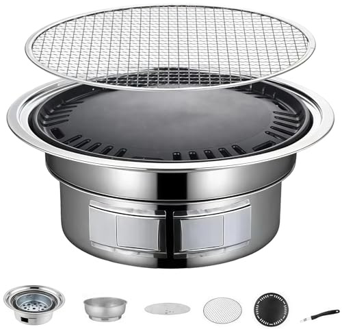 Packool Holzkohlegrill-Set, tragbarer, antihaftbeschichteter, runder koreanischer BBQ-Grill, Holzkohleofen für Zuhause, Partys, Outdoor-Camping