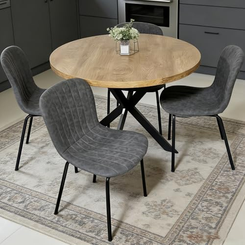 NORDICANA Esstisch mit 4 Stühlen Set, 95cm Runder Esstisch und 4 Crazy Horse Leder Essstühle, Tischplatte aus MDF, mit Stahlbeinen, für Küche, Büro, Wohnzimmer, Balkon, Restaurant (Grau)