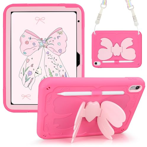 Coolden for iPad A16 Case 11th Generation Cases 2025 11 Inch for iPad 10th Generation Case for Kids Girls with Cute Butterfly Bow Stand Shoulder Strap Pencil Holder Rugged Protective Cover-Dark Pink
