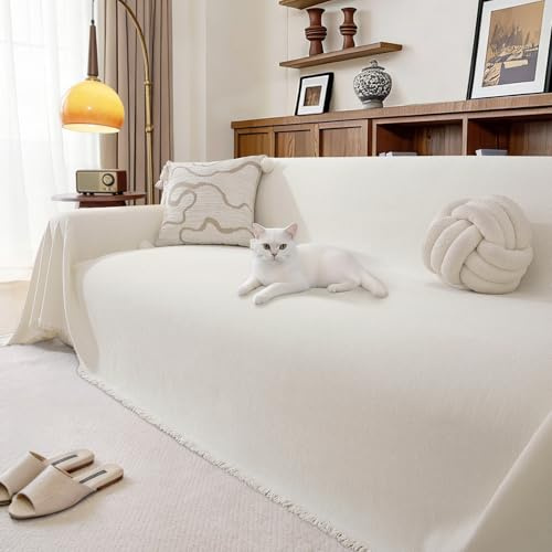 Ystyle Chenille Kratzschutz Sofa Überzug 2 Sitzer, 180x300 cm, Creme | Couch Überzug mit Quasten, Sofaüberwurf Vier Jahreszeiten Universal, Sofadecke Waschbar, Sofa Cover Haustierfreundliche