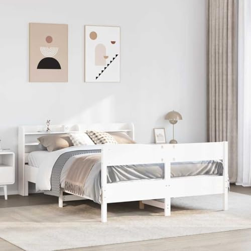 QUAHEAS Massivholzbett weiß 120x200 cm aus Kiefernholz, mit Kopfteil und Ablagen, Stabiler Lattenrost, für erholsamen Schlaf im Schlafzimmer