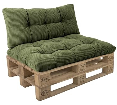 POKAR Palettenkissen 2er Set: Sitzkissen 120x80 + Rückenkissen 120x40 aus Cordstoff | Gesteppte Palettenauflage | Loungekissen für Palettensofa und Gartenmöbel | Oeko-TEX | Made in EU | Khaki
