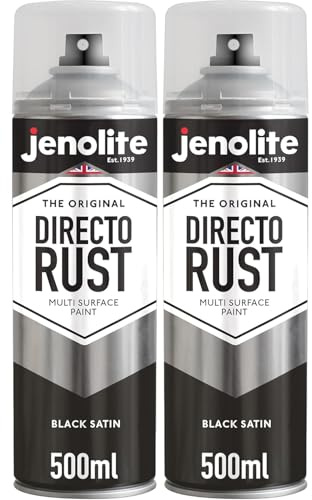 JENOLITE Directorust Satin Black Spray Paint 2 x 500ml RAL 9005 | Direct-to-rust satin paint for metal, wood, plastic and ceramic - interior and exterior, RAL 9005