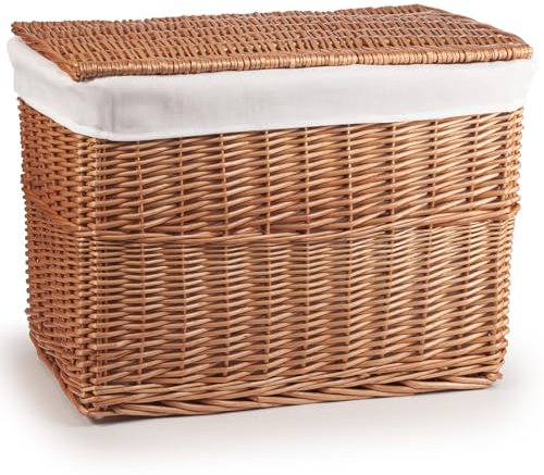 woodluv Large Brown Full Steamed Willow Wicker Storage Basket Trunk Chest Hamper Lidded With White Lining, Brown, 59 x 39 x 45 cm