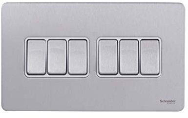 Schneider Electric Ultimate Screwless Flat Plate - 6 Gang Rocker 2 Way Light Switch, Single Pole, 16AX, GU1462WSS, Stainless Steel with White Insert
