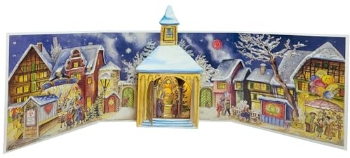 Großer Panorama-Adventskalender mit 24 Türen, Design antike Kapelle von 1956, 3D, freistehend, 68 x 21 cm, RS 40