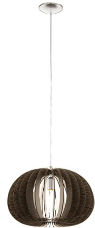 EGLO Pendelleuchte Cossano, Hängelampe Esszimmer, Esszimmerlampe aus Holz in Braun, Metall in Silber, E27 Fassung, H 150 cm, Ø 45 cm