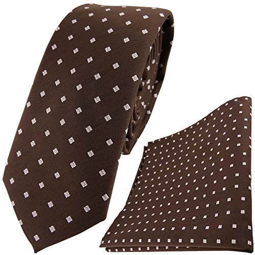 TigerTie - schmale Designer Krawatte Designer Einstecktuch in braun nussbraun silber gepunktet mit Karos