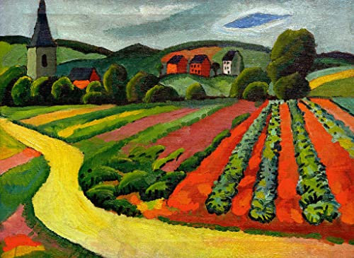 Kunstdruck/Poster: August Macke Landschaft mit Kirche und Weg - hochwertiger Druck, Bild, Kunstposter, 95x70 cm