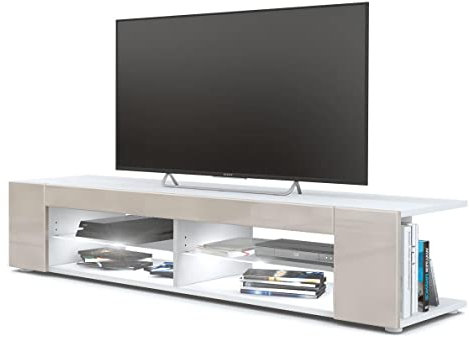 Vladon Lowboard Movie, TV-Kommode mit 4 offenen Fächern und Zierleisten, Weiß matt/Sandgrau Hochglanz, inkl. LED-Beleuchtung weiß (134 x 29 x 39 cm)