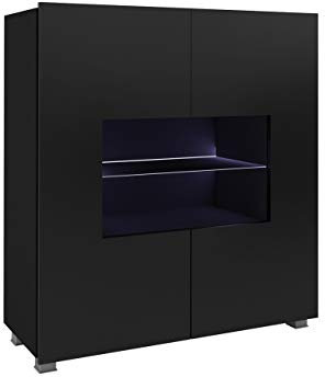 Kommode Calabrini BR01 mit 2 Türen, Sideboard, Anrichte, 100x107x35 cm, Highboard, Mehrzweckschrank, Wohnzimmer (Schwarz/Schwarz Hochglanz, ohne Beleuchtung)