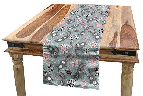 ABAKUHAUS Ostern Tischläufer, Kinder Spielzeug Lustige Hasen, Esszimmer Küche Rechteckiger Dekorativer Tischläufer, 40 x 180 cm, Blaugrau Coral Schwarz