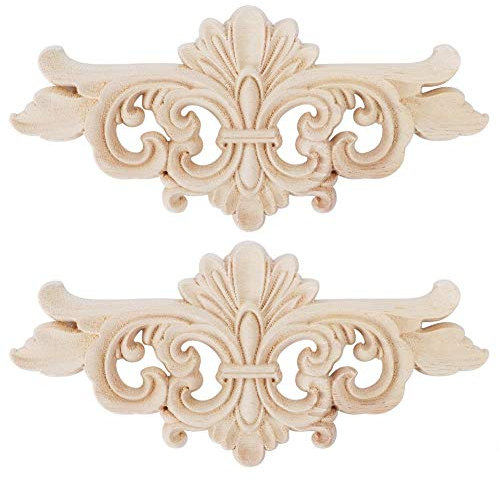 AUNMAS 2Pcs Wood Appliques, 16 * 7.5 cm Wooden Flower Carved Long Onlay Applique Carving Decal Furniture Decorative Mouldings for Bed, Door, Cabinet, Dresser, Wardrobe, Furniture Decoration