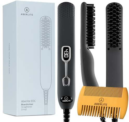 Aberlite EDC - Premium Beard Straightener Brush - Professional Heated Straightening Comb and Grooming Kit for Men (Gray)