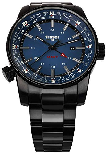 Traser P67 Officer P68 Pathfinder GMT Blue Herren Armbanduhr aus Edelstahl, in der Farbe Schwarz, Durchmesser: 46mm, Wasserdichtigkeit: 10Bar, 109524