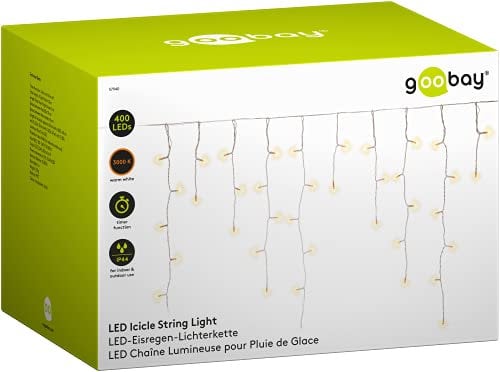 goobay 57940 400er LED-Eisregen-Lichterkette mit Timer-Funktion und 24 V-Außentrafo, warm-weiß (3000 K), für den Innen- & Außenbereich (IP44), Transparent, Schwarz