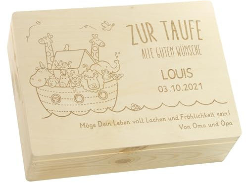 LAUBLUST Erinnerungsbox Taufe - Arche Noah - Personalisiertes Taufgeschenk - Holzkiste ca. 40 x 30 x 14 cm, Natur, FSC®