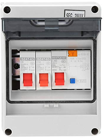 2 Way Consumer Unit Circuit Breaker Panel IP65 Waterproof Garage Electrical Box with 40A 30mA RCD and 2 Pole MCBs 6A 16A for Caravan Workshop Outbuilding Shed Garden Storage