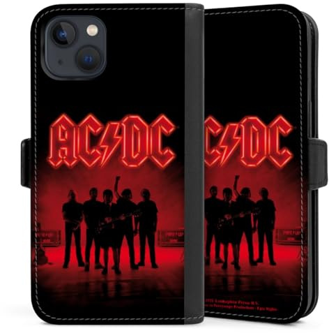 Klapphülle kompatibel mit Apple iPhone 13 Handyhülle aus Kunst Leder schwarz Flip Case ACDC Offizielles Lizenzprodukt Band