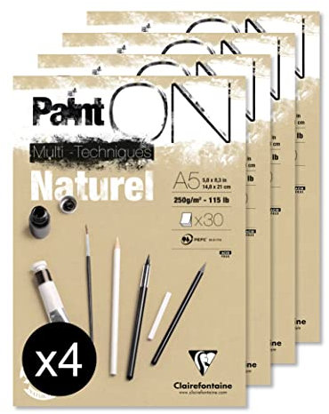 Clairefontaine 96539C - Packung mit 4 Blöcken Paint´ON Naturel, DIN A5, kopfseitig geleimt, 30 Blatt, 250g, Sand, 4 Stück