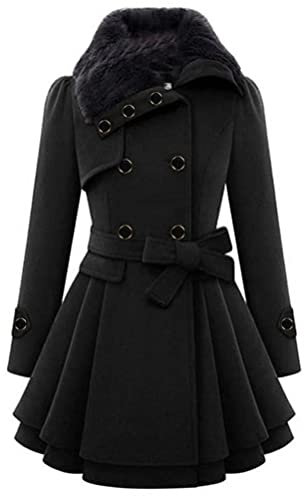 Minetom Damen Winter Mantel Lange Zweireihige Wollmantel Revers Outwear Mit Taschen Gürtel Warm Wintermantel Dicke Lang Coat B Schwarz XXL