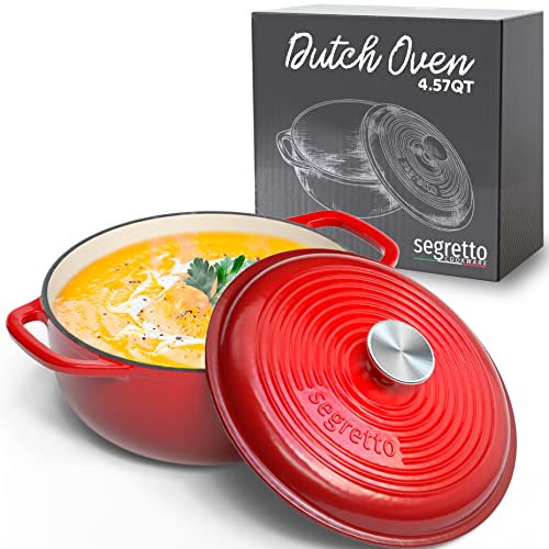 Segretto Cookware Forno olandese in ghisa smaltata con manico, 4,57 litri, rosso (rosso) 4,57 qt forno olandese sicuro forno olandese pentola con coperchio in ceramica smaltata olandese pentola in