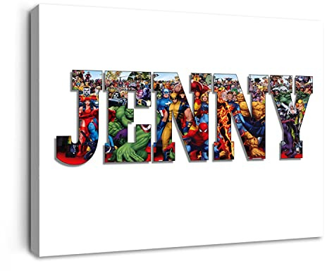 sky art Personalisierbarer Avengers-Namens-Wort-Kunstdruck, Superhelden-Leinwandgemälde, Poster, Kinder-Namensaufkleber, Wandkunst, Aufkleber, Vinyl für Jungen/Mädchenzimmer (30 x 40 cm, Weiß)