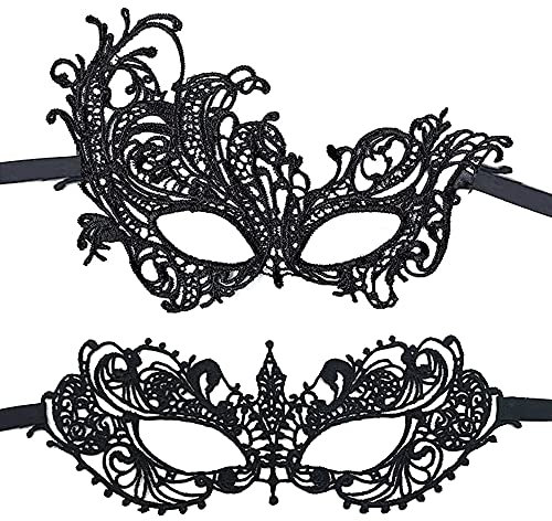2 Pcs Venetian Carnival Masks - Sexy Black Lace Half-Face Masks for Women's Masquerade Ball Fancy Dress
