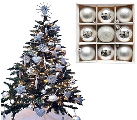 9pc Luxury Premium Baubles, Christmas Tree Bauble Decorations Matte, Glitter, shiny & Frosted (6cm) (Silver)