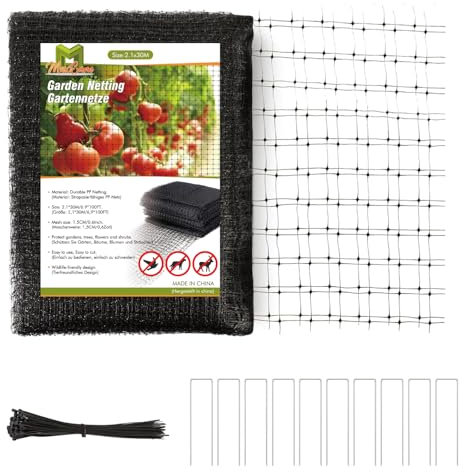 MaxEarn Rete da giardino, 2x30 m, rete intrecciata resistente, recinzione riutilizzabile per piante da laghetto per protezione delle verdure, con 50 fascette e 10 picchetti per terra