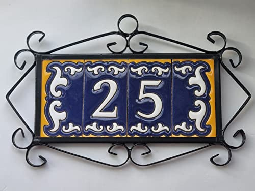 Daniella-M1 Spanish Hand-painted Ceramic White Number With Dark Blue Border Tiles With 4 Tile Filigree Frame