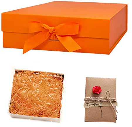 Idota Geschenkbox mit Deckel, Geschenkschachtel Orange Magnetische Geschenkboxen mit Schleifenband, Grußkarten, Füllmaterial, Geschenkboxen für Hochzeit Geburtstag Weihnachten Jubiläum (Orange-M)