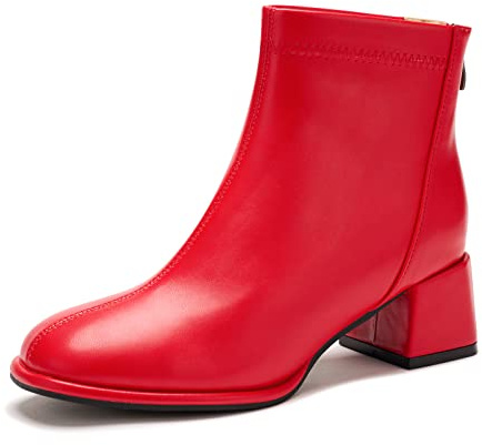 Stivaletti da donna con chiusura lampo con tacco medio alto, punta tonda, scarpe casual per feste, Vernice rossa., 40 EU