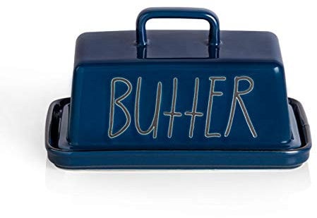 Sweejar Home Beurrier en céramique avec couvercle à poignée, 18 cm, grand beurrier en porcelaine avec couvercle, parfait pour le beurre oriental/ouest (bleu marine)