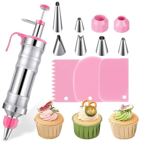 Dessert Decorating Syringe Set - 14Oz Icing Piping Kit - Stainless Steel Piping Gun - Reusable Baking Tools - Cupcake Filling Injector with 6 Icing Nozzles and 3 Cream Scrapers