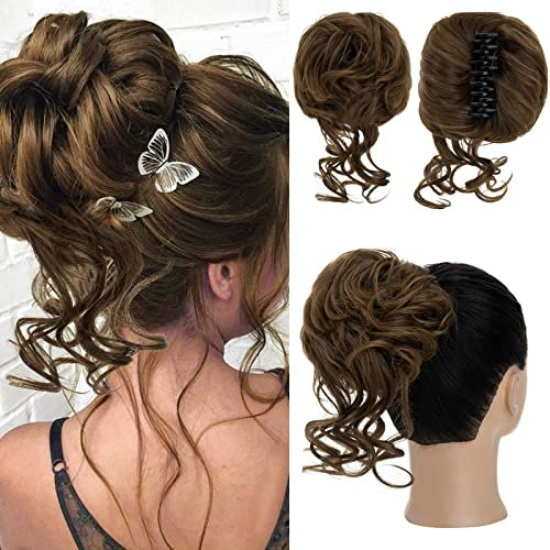 S-Noilite Haarteile mit Klammer Haargummis mit Haaren Updo Hair Chignons synthetische Pferdeschwanz Zopf für Frauen Dutt Extensions Haarverlängerungen - Hellbraun bis Dunkelblond