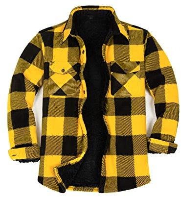ZENTHACE Veste chemise chaude en flanelle doublée Sherpa pour homme (entièrement doublée en polaire sherpa), motif écossais vert, taille 3XL, Buffalo Plaid Jaune Noir, S