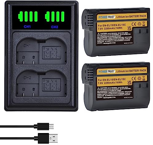 PowerTrust Lot de 2 batteries et chargeur EN-EL15C EN-EL15b EN-EL15 pour Nikon Z8 Z7II Z7 Z6 Z6II Z5 D780 D500 D600 D750 D7000 D7200 D7100 D7500 D800 D810. D850, P520, P530