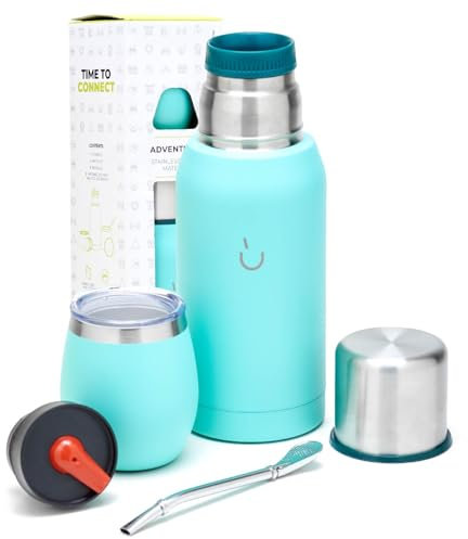 balibetov Kit Mate Argentino de 6 piezas - Incluye Mate de acero con Tapa, Bombilla y Termo Mate con 2 Tapones Pico Cebador - Facil de Lavar, Apto Lavavajillas. (Aqua)